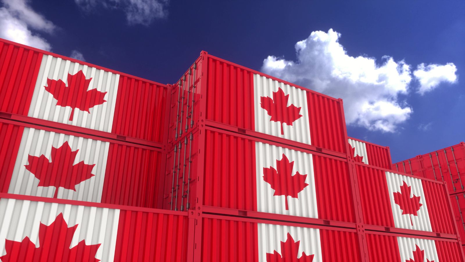 Shipping containers painted with the Canadian national flag